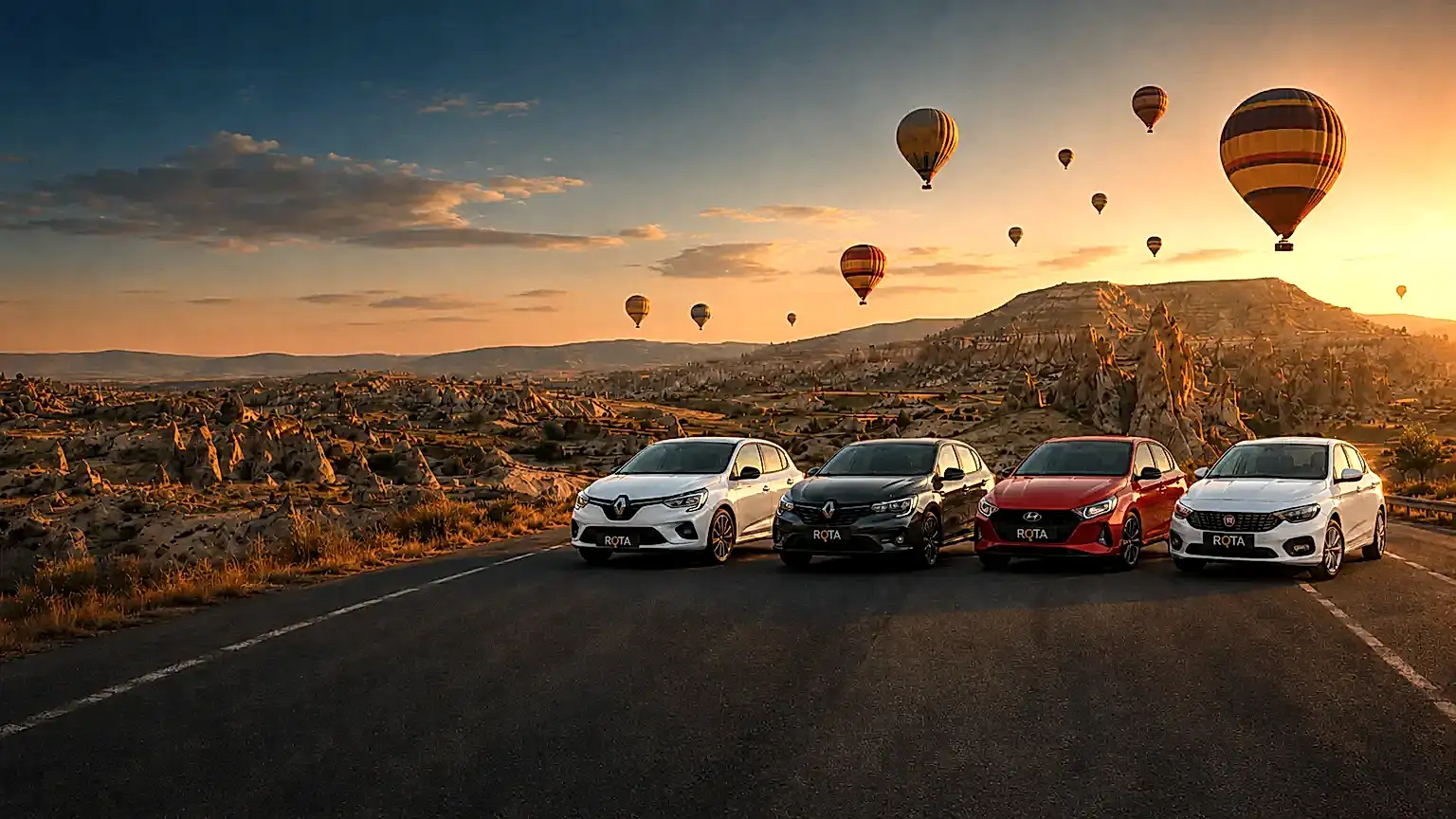 Kapadokya Rent a Car - Fleet with sunrise view
